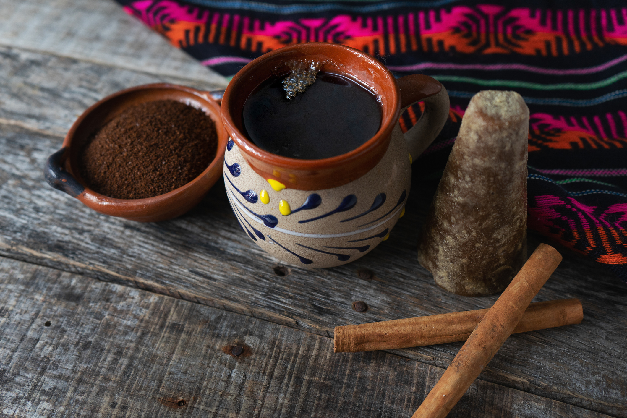 mexican cup of coffee with cinnamon on wooden background